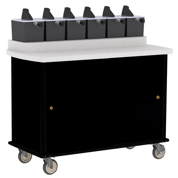 A black Lakeside condiment cart with black pumps on top.