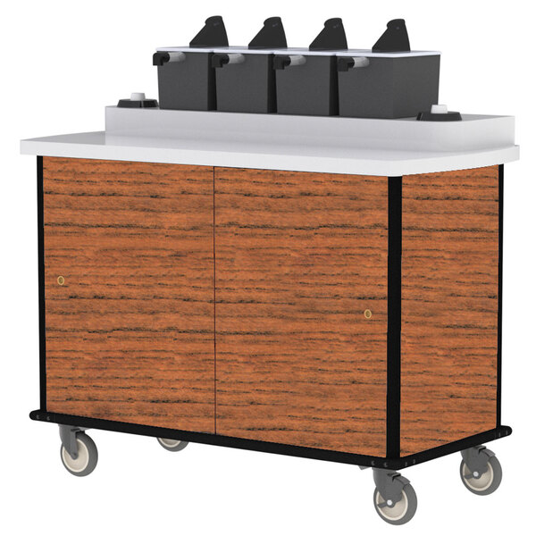 A wooden Lakeside condiment cart with white tops on black boxes.