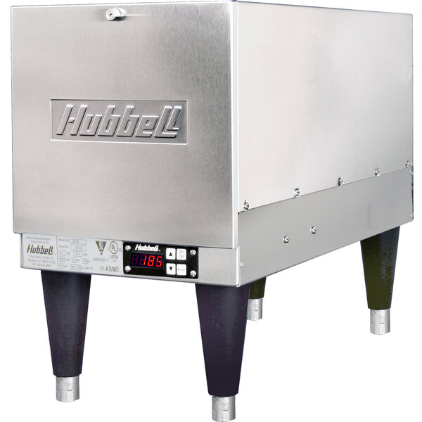 A stainless steel Hubbell 6 gallon compact booster heater with a digital display.