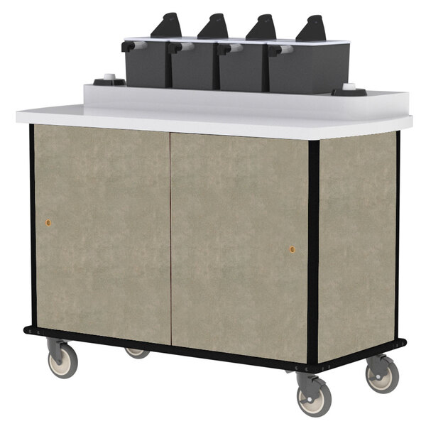 A beige Lakeside Condi-Express pump condiment cart with black boxes on top.