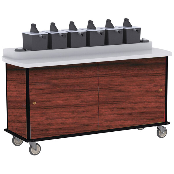 A Lakeside Red Maple condiment cart with cup dispensers holding black and grey containers.