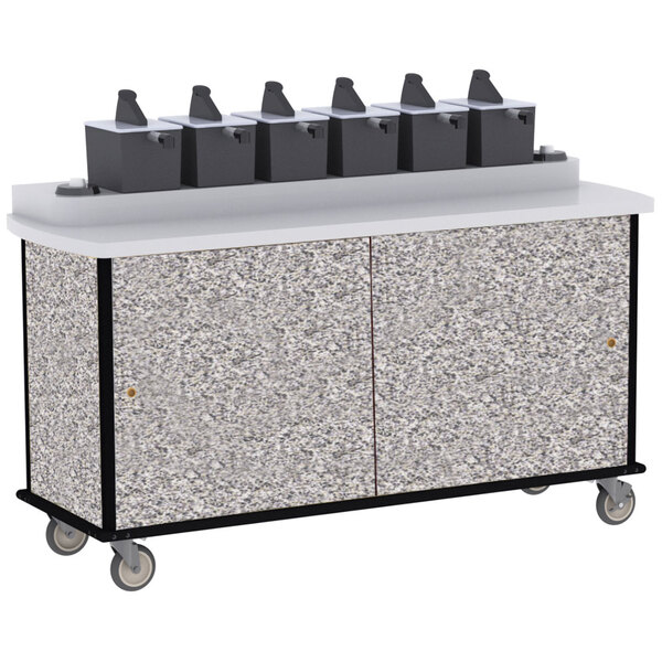A gray Lakeside Condiment Cart with cup dispensers on top.
