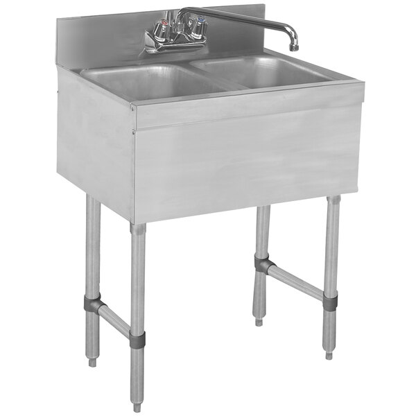 A stainless steel Advance Tabco underbar sink with two bowls and a faucet.