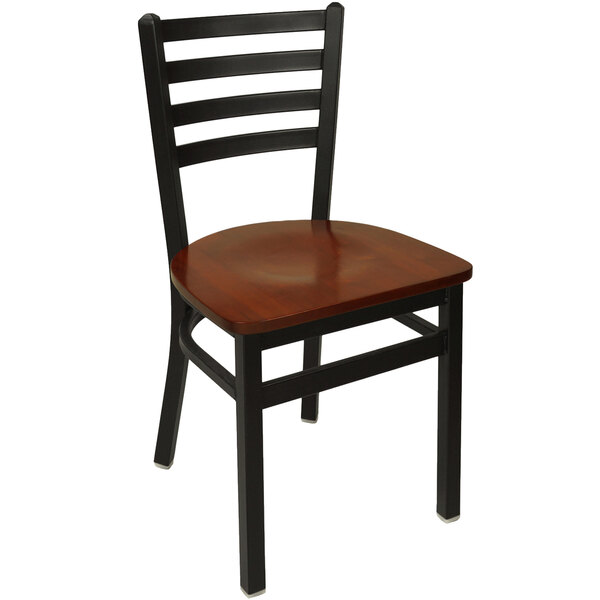 A BFM Seating Lima metal ladder back side chair with mahogany wooden seat.