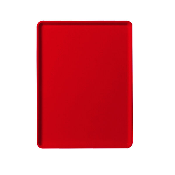 A red rectangular tray with white border.