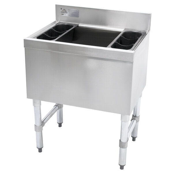 A stainless steel Advance Tabco underbar ice bin with a 7-circuit cold plate built in.