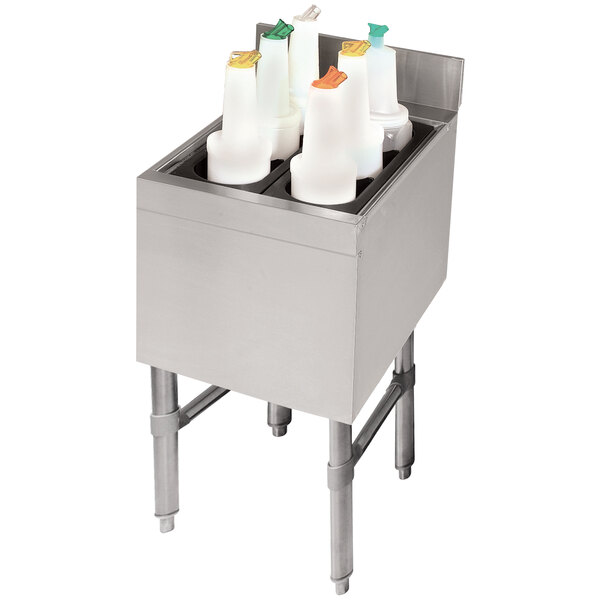 An Advance Tabco stainless steel underbar ice bin on a counter.