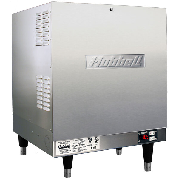 A silver stainless steel Hubbell 16 gallon booster heater with a large metal box and display.