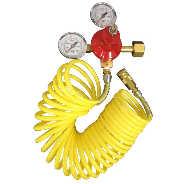 A yellow hose with gauges and a red valve.