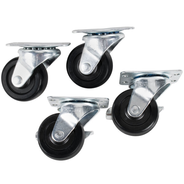 A set of four Hamilton Beach casters with black rubber wheels.