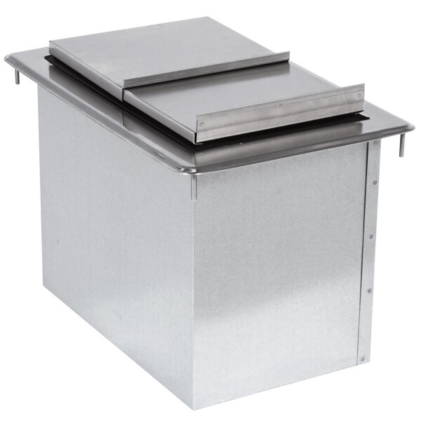 A stainless steel Advance Tabco drop-in ice bin with a lid.