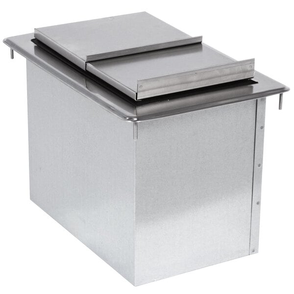 A stainless steel rectangular metal box with a lid and two compartments inside.