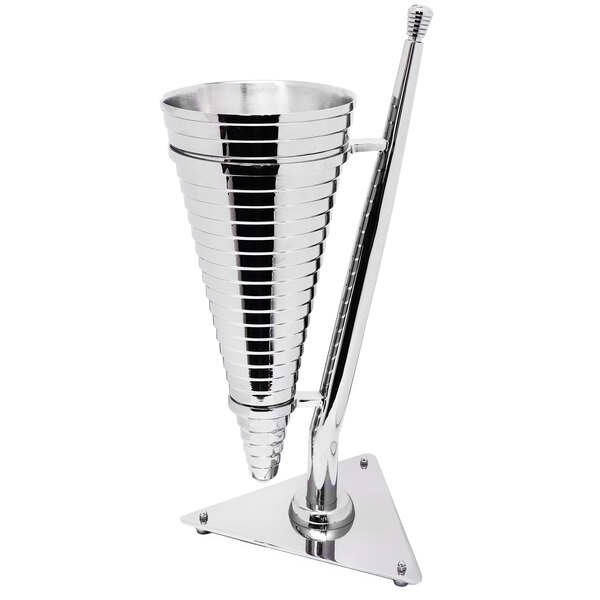 A silver Eastern Tabletop stainless steel cone with a striped design on a metal stand.