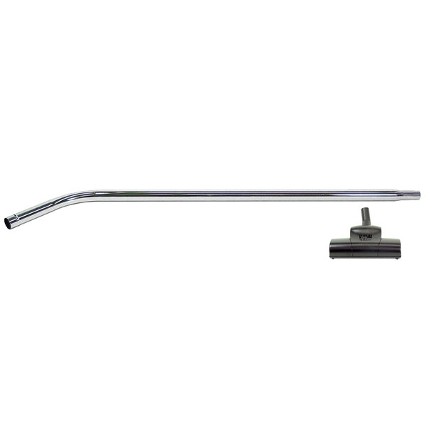 A ProTeam chrome metal wand with a metal handle and a vacuum cleaner head.