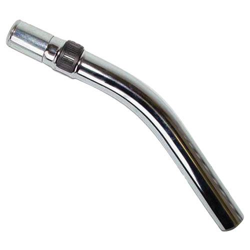 A close-up of a stainless steel ProTeam curved vacuum wand with a black button lock handle.