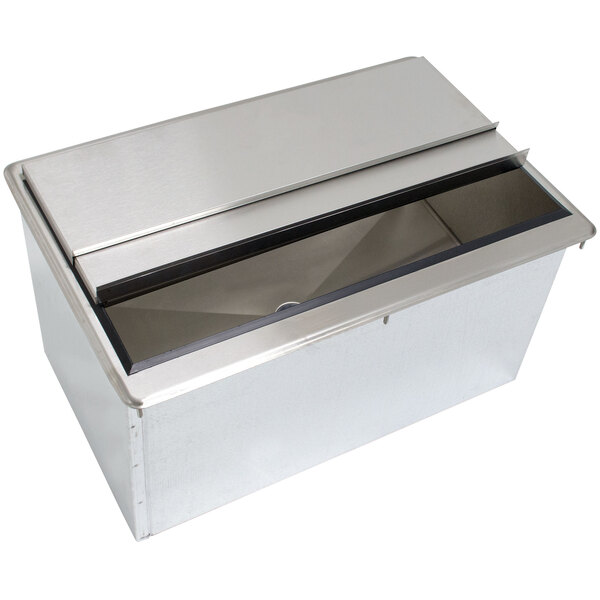 An Advance Tabco stainless steel drop-in ice bin on a counter.