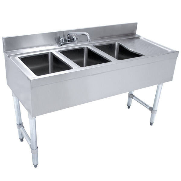 A stainless steel Advance Tabco bar sink with three compartments and a left side drainboard.