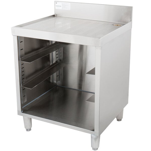 A stainless steel cabinet with shelves.
