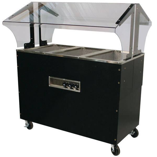 An Advance Tabco black hot food table with an enclosed base and open wells on a counter.