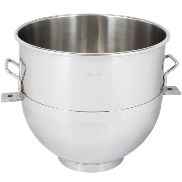 A large silver Avantco stainless steel mixing bowl with two handles.