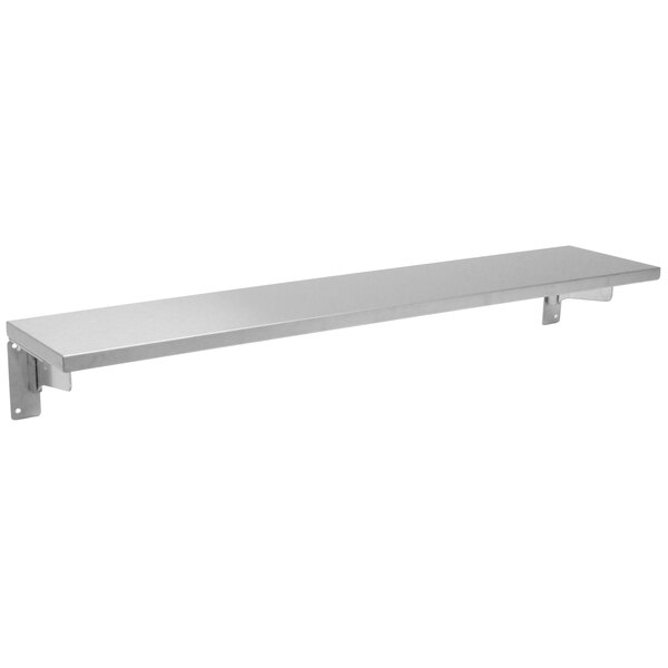 A stainless steel long rectangular metal tray slide with drop-down brackets.