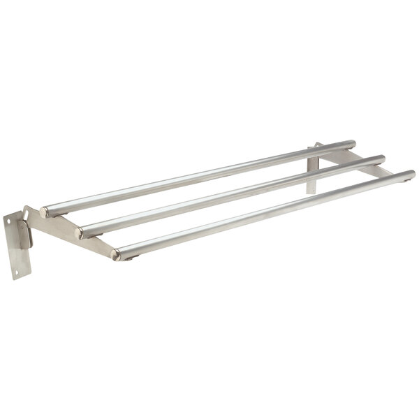A stainless steel Advance Tabco tubular tray slide with three metal bars.