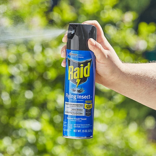 A person holding a blue and yellow aerosol can of SC Johnson Raid Flying Insect Killer.