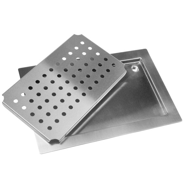 A stainless steel Advance Tabco countertop drain pan with holes.