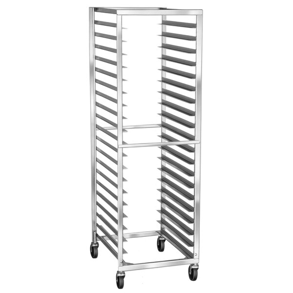 A Lakeside stainless steel sheet pan rack with wheels.
