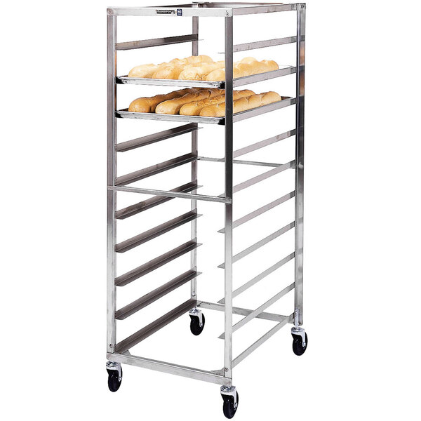 A Lakeside stainless steel sheet pan rack with bread on it.