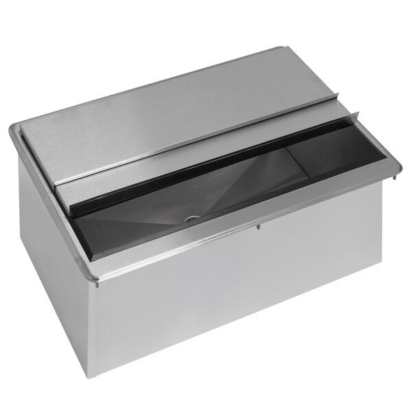 A silver rectangular stainless steel Advance Tabco drop-in ice bin with a glass lid.