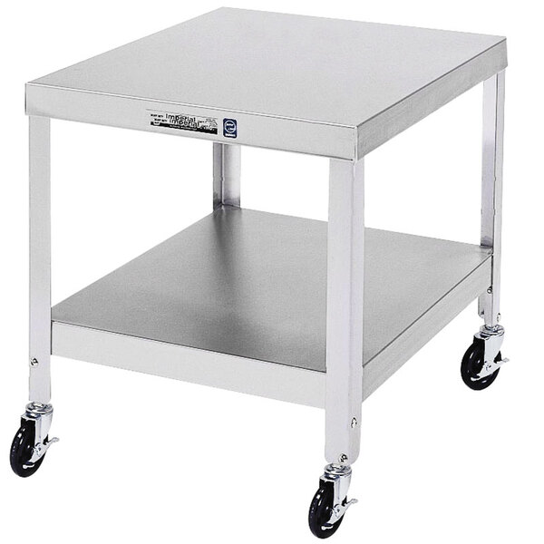 A Lakeside stainless steel mobile equipment stand with undershelf and wheels.