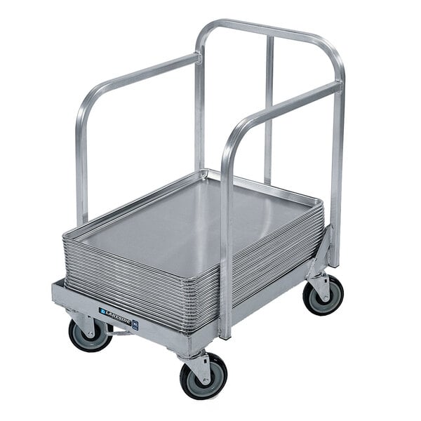 A Lakeside aluminum sheet pan dolly with metal trays on wheels.