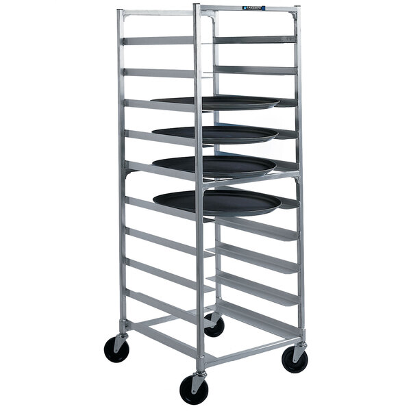 A Lakeside aluminum tray cart with trays on it.