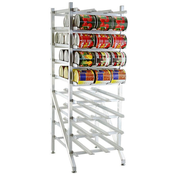 A Lakeside metal rack with cans of food on it.