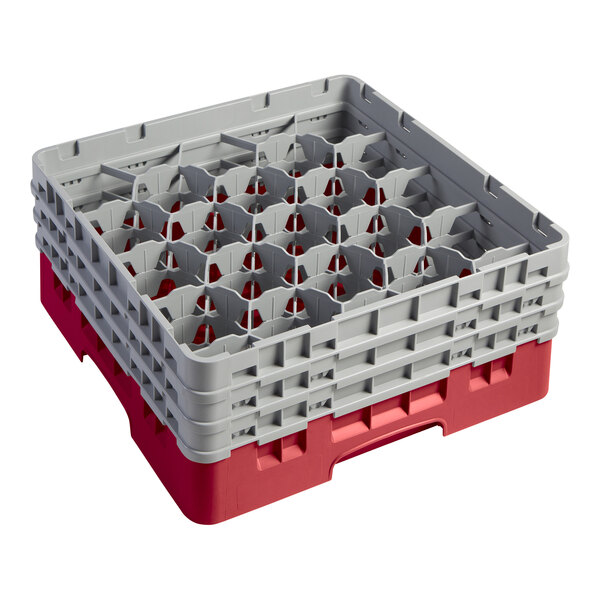 A red and grey plastic Cambro glass rack with extenders.