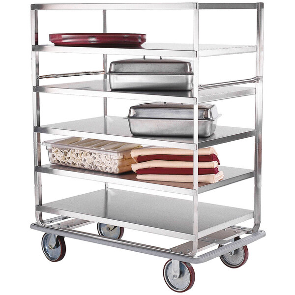 A Lakeside stainless steel Queen Mary banquet cart with (6) shelves holding food items.
