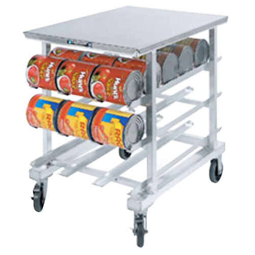 A Lakeside metal cart with a can rack holding cans of food.
