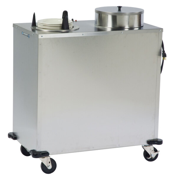 A large silver stainless steel Lakeside heated two stack plate dispenser with a lid.