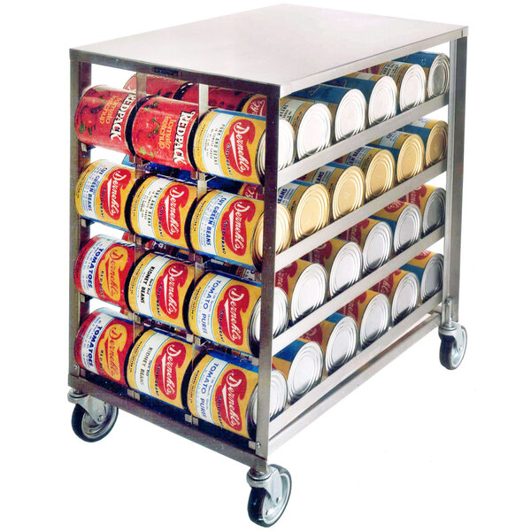 A Lakeside stainless steel mobile can rack filled with canned goods.