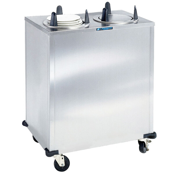 A large stainless steel Lakeside tray dispenser with two plates on top.
