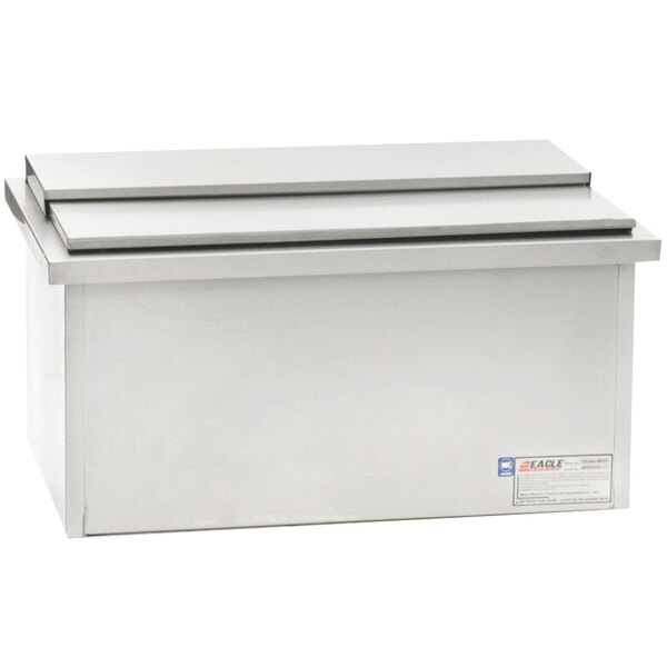 A stainless steel rectangular box with a lid and a cold plate inside.