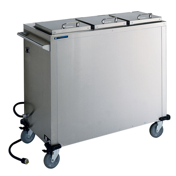 A Lakeside stainless steel heated pellet dispenser with three stack trays.