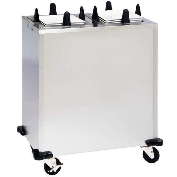 A Lakeside stainless steel enclosed two stack non-heated plate dispenser with black wheels.