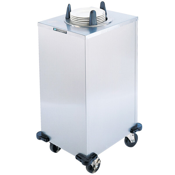 A Lakeside stainless steel enclosed plate dispenser on a black cart.