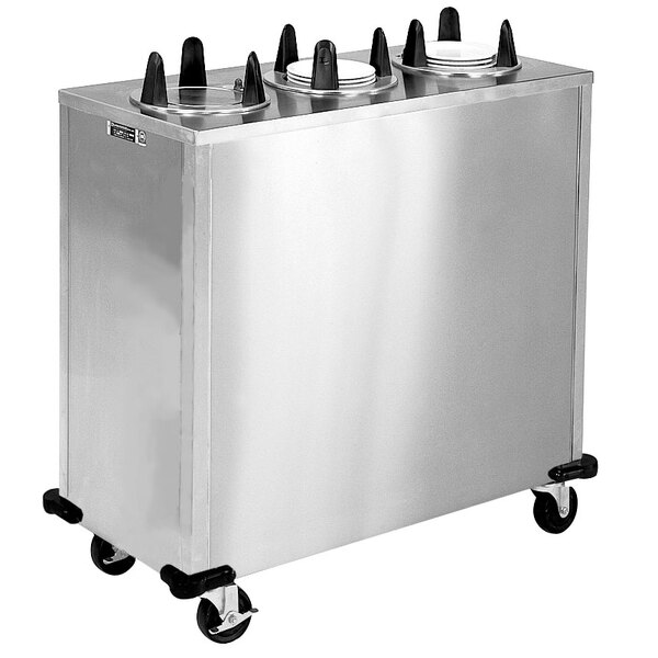 A Lakeside stainless steel enclosed plate dispenser on black wheels.