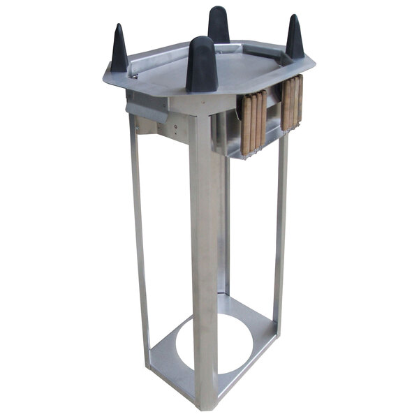 A metal stand with black rubber handles and a metal base for Lakeside oval dish dispenser.