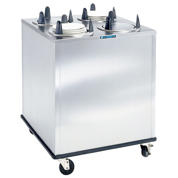 A large square Lakeside stainless steel enclosed plate dispenser with four plates on top.