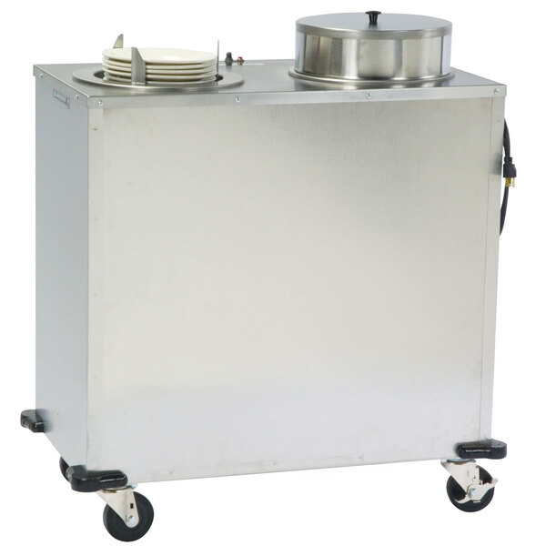 A large stainless steel Lakeside plate dispenser with a lid.