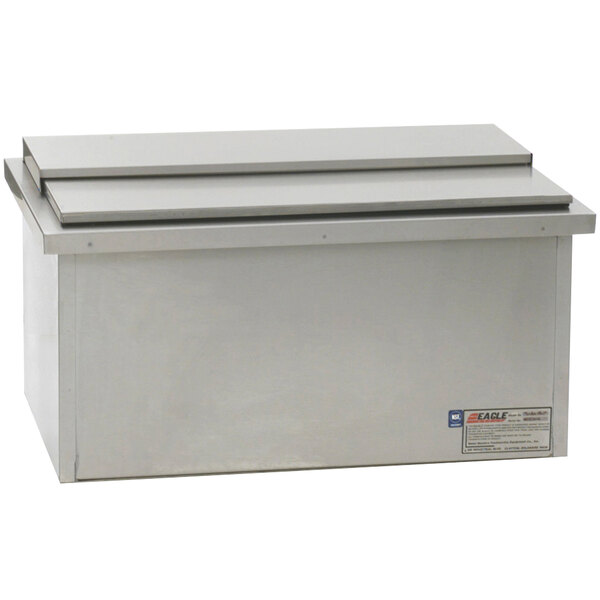 A stainless steel Eagle Group underbar ice chest with a sliding lid.